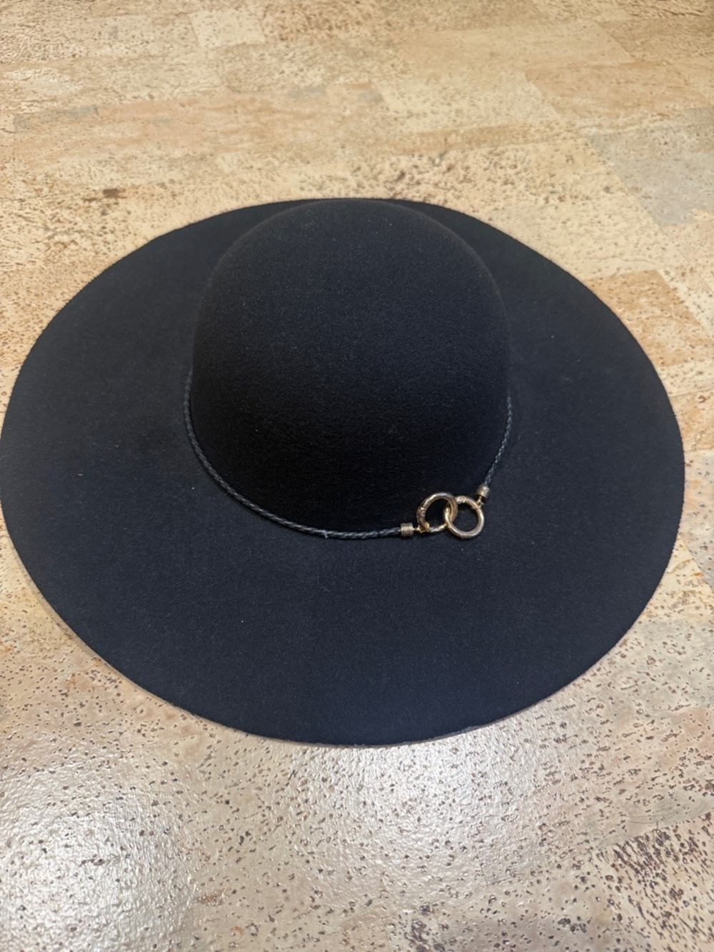 Mud Pie Black Wide-Brim Felt Hat with Gold Ring Detail